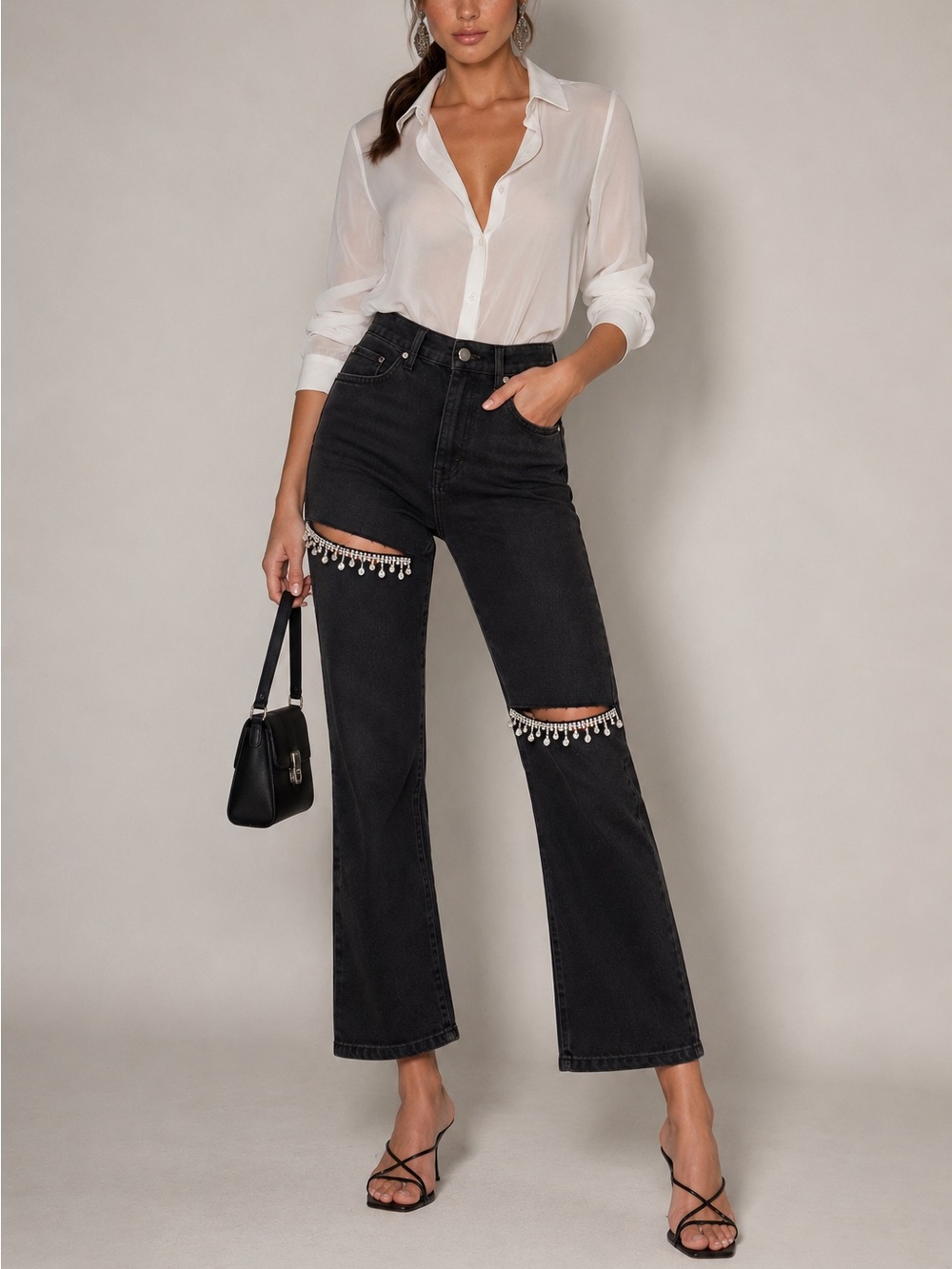High-Rise Black Jeans with Rhinestone Cutouts